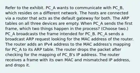 Refer to the exhibit. PC_A wants to communicate with PC_B, which resides on a different network. The hosts are connected via a router that acts as the default gateway for both. The ARP tables on all three devices are empty. When PC_A sends the first frame, which two things happen in the process? (Choose two.) PC_A broadcasts the frame intended for PC_B. PC_A sends a broadcast ARP request looking for the MAC address of the router. The router adds an IPv4 address to the MAC address's mapping for PC_A to its ARP table. The router drops the packet after checking for the mapping of PC_B's IP address. The router receives a frame with its own MAC and mismatched IP address, and drops it.