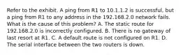 Refer to the exhibit. A ping from R1 to 10.1.1.2 is successful, but a ping from R1 to any address in the 192.168.2.0 network fails. What is the cause of this problem? A. The static route for 192.168.2.0 is incorrectly configured. B. There is no gateway of last resort at R1. C. A default route is not configured on R1. D. The serial interface between the two routers is down.