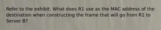 Refer to the exhibit. What does R1 use as the MAC address of the destination when constructing the frame that will go from R1 to Server B?