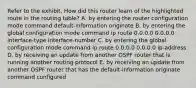 Refer to the exhibit. How did this router learn of the highlighted route in the routing table? A. by entering the router configuration mode command default-information originate B. by entering the global configuration mode command ip route 0.0.0.0 0.0.0.0 interface-type interface-number C. by entering the global configuration mode command ip route 0.0.0.0 0.0.0.0 ip-address D. by receiving an update from another OSPF router that is running another routing protocol E. by receiving an update from another OSPF router that has the default-information originate command configured