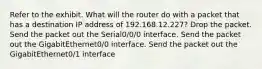 Refer to the exhibit. What will the router do with a packet that has a destination IP address of 192.168.12.227? Drop the packet. Send the packet out the Serial0/0/0 interface. Send the packet out the GigabitEthernet0/0 interface. Send the packet out the GigabitEthernet0/1 interface