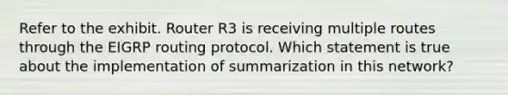 Refer to the exhibit. Router R3 is receiving multiple routes through the EIGRP routing protocol. Which statement is true about the implementation of summarization in this network?