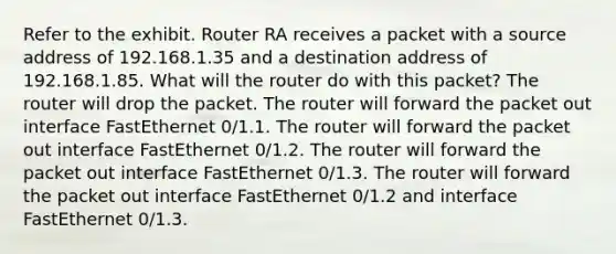 Refer to the exhibit. Router RA receives a packet with a source address of 192.168.1.35 and a destination address of 192.168.1.85. What will the router do with this packet? The router will drop the packet. The router will forward the packet out interface FastEthernet 0/1.1. The router will forward the packet out interface FastEthernet 0/1.2. The router will forward the packet out interface FastEthernet 0/1.3. The router will forward the packet out interface FastEthernet 0/1.2 and interface FastEthernet 0/1.3.