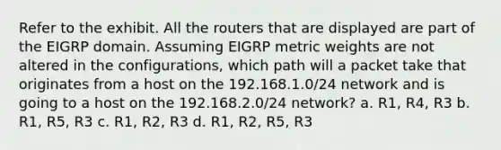 Refer to the exhibit. All the routers that are displayed are part of the EIGRP domain. Assuming EIGRP metric weights are not altered in the configurations, which path will a packet take that originates from a host on the 192.168.1.0/24 network and is going to a host on the 192.168.2.0/24 network? a. R1, R4, R3 b. R1, R5, R3 c. R1, R2, R3 d. R1, R2, R5, R3