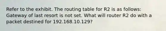 Refer to the exhibit. The routing table for R2 is as follows: Gateway of last resort is not set. What will router R2 do with a packet destined for 192.168.10.129?