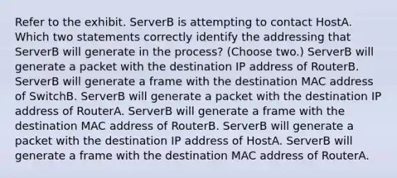 Refer to the exhibit. ServerB is attempting to contact HostA. Which two statements correctly identify the addressing that ServerB will generate in the process? (Choose two.) ServerB will generate a packet with the destination IP address of RouterB. ServerB will generate a frame with the destination MAC address of SwitchB. ServerB will generate a packet with the destination IP address of RouterA. ServerB will generate a frame with the destination MAC address of RouterB. ServerB will generate a packet with the destination IP address of HostA. ServerB will generate a frame with the destination MAC address of RouterA.