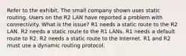 Refer to the exhibit. The small company shown uses static routing. Users on the R2 LAN have reported a problem with connectivity. What is the issue? R1 needs a static route to the R2 LAN. R2 needs a static route to the R1 LANs. R1 needs a default route to R2. R2 needs a static route to the Internet. R1 and R2 must use a dynamic routing protocol.