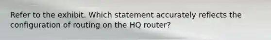 Refer to the exhibit. Which statement accurately reflects the configuration of routing on the HQ router?