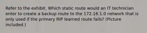 Refer to the exhibit. Which static route would an IT technician enter to create a backup route to the 172.16.1.0 network that is only used if the primary RIP learned route fails? (Picture included.)