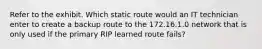 Refer to the exhibit. Which static route would an IT technician enter to create a backup route to the 172.16.1.0 network that is only used if the primary RIP learned route fails?