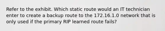 Refer to the exhibit. Which static route would an IT technician enter to create a backup route to the 172.16.1.0 network that is only used if the primary RIP learned route fails?