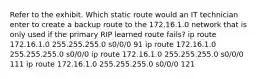 Refer to the exhibit. Which static route would an IT technician enter to create a backup route to the 172.16.1.0 network that is only used if the primary RIP learned route fails? ip route 172.16.1.0 255.255.255.0 s0/0/0 91 ip route 172.16.1.0 255.255.255.0 s0/0/0 ip route 172.16.1.0 255.255.255.0 s0/0/0 111 ip route 172.16.1.0 255.255.255.0 s0/0/0 121