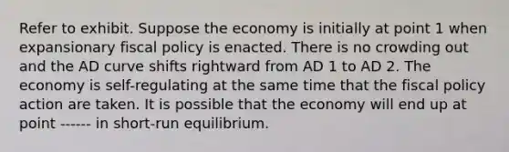 Refer to exhibit. Suppose the economy is initially at point 1 when expansionary fiscal policy is enacted. There is no crowding out and the AD curve shifts rightward from AD 1 to AD 2. The economy is self-regulating at the same time that the fiscal policy action are taken. It is possible that the economy will end up at point ------ in short-run equilibrium.