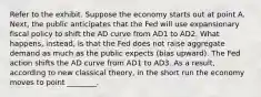 Refer to the exhibit. Suppose the economy starts out at point A. Next, the public anticipates that the Fed will use expansionary fiscal policy to shift the AD curve from AD1 to AD2. What happens, instead, is that the Fed does not raise aggregate demand as much as the public expects (bias upward). The Fed action shifts the AD curve from AD1 to AD3. As a result, according to new classical theory, in the short run the economy moves to point ________.