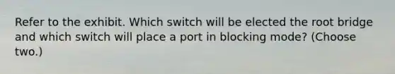 Refer to the exhibit. Which switch will be elected the root bridge and which switch will place a port in blocking mode? (Choose two.)