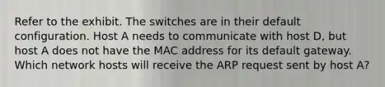 Refer to the exhibit. The switches are in their default configuration. Host A needs to communicate with host D, but host A does not have the MAC address for its default gateway. Which network hosts will receive the ARP request sent by host A?