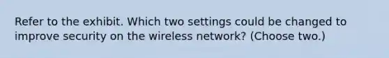 Refer to the exhibit. Which two settings could be changed to improve security on the wireless network? (Choose two.)