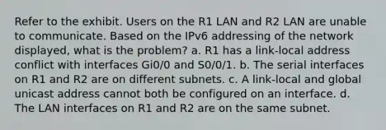 Refer to the exhibit. Users on the R1 LAN and R2 LAN are unable to communicate. Based on the IPv6 addressing of the network displayed, what is the problem? a. R1 has a link-local address conflict with interfaces Gi0/0 and S0/0/1. b. The serial interfaces on R1 and R2 are on different subnets. c. A link-local and global unicast address cannot both be configured on an interface. d. The LAN interfaces on R1 and R2 are on the same subnet.