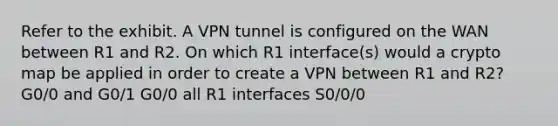 Refer to the exhibit. A VPN tunnel is configured on the WAN between R1 and R2. On which R1 interface(s) would a crypto map be applied in order to create a VPN between R1 and R2? G0/0 and G0/1 G0/0 all R1 interfaces S0/0/0