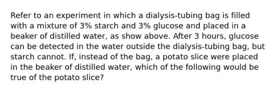 Refer to an experiment in which a dialysis-tubing bag is filled with a mixture of 3% starch and 3% glucose and placed in a beaker of distilled water, as show above. After 3 hours, glucose can be detected in the water outside the dialysis-tubing bag, but starch cannot. If, instead of the bag, a potato slice were placed in the beaker of distilled water, which of the following would be true of the potato slice?