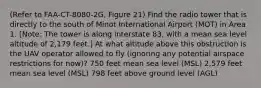 (Refer to FAA-CT-8080-2G, Figure 21) Find the radio tower that is directly to the south of Minot International Airport (MOT) in Area 1. [Note: The tower is along interstate 83, with a mean sea level altitude of 2,179 feet.] At what altitude above this obstruction is the UAV operator allowed to fly (ignoring any potential airspace restrictions for now)? 750 feet mean sea level (MSL) 2,579 feet mean sea level (MSL) 798 feet above ground level (AGL)