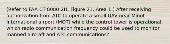 (Refer to FAA-CT-8080-2H, Figure 21, Area 1.) After receiving authorization from ATC to operate a small UAV near Minot International airport (MOT) while the control tower is operational, which radio communication frequency could be used to monitor manned aircraft and ATC communications?