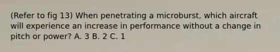 (Refer to fig 13) When penetrating a microburst, which aircraft will experience an increase in performance without a change in pitch or power? A. 3 B. 2 C. 1