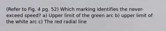 (Refer to Fig. 4 pg. 52) Which marking identifies the never-exceed speed? a) Upper limit of the green arc b) upper limit of the white arc c) The red radial line