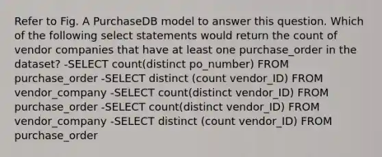 Refer to Fig. A PurchaseDB model to answer this question. Which of the following select statements would return the count of vendor companies that have at least one purchase_order in the dataset? -SELECT count(distinct po_number) FROM purchase_order -SELECT distinct (count vendor_ID) FROM vendor_company -SELECT count(distinct vendor_ID) FROM purchase_order -SELECT count(distinct vendor_ID) FROM vendor_company -SELECT distinct (count vendor_ID) FROM purchase_order