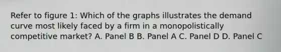 Refer to figure 1: Which of the graphs illustrates the demand curve most likely faced by a firm in a monopolistically competitive market? A. Panel B B. Panel A C. Panel D D. Panel C