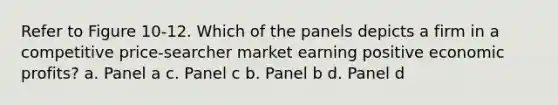 Refer to Figure 10-12. Which of the panels depicts a firm in a competitive price-searcher market earning positive economic profits? a. Panel a c. Panel c b. Panel b d. Panel d