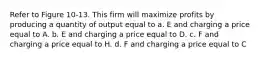 Refer to Figure 10-13. This firm will maximize profits by producing a quantity of output equal to a. E and charging a price equal to A. b. E and charging a price equal to D. c. F and charging a price equal to H. d. F and charging a price equal to C