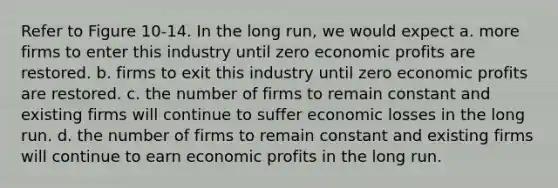 Refer to Figure 10-14. In the long run, we would expect a. more firms to enter this industry until zero economic profits are restored. b. firms to exit this industry until zero economic profits are restored. c. the number of firms to remain constant and existing firms will continue to suffer economic losses in the long run. d. the number of firms to remain constant and existing firms will continue to earn economic profits in the long run.