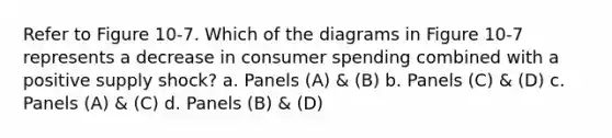 Refer to Figure 10-7. Which of the diagrams in Figure 10-7 represents a decrease in consumer spending combined with a positive supply shock? a. Panels (A) & (B) b. Panels (C) & (D) c. Panels (A) & (C) d. Panels (B) & (D)