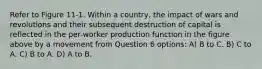 Refer to Figure 11-1. Within a country, the impact of wars and revolutions and their subsequent destruction of capital is reflected in the per-worker production function in the figure above by a movement from Question 6 options: A) B to C. B) C to A. C) B to A. D) A to B.