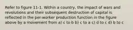 Refer to figure 11-1. Within a country, the impact of wars and revolutions and their subsequent destruction of capital is reflected in the per-worker production function in the figure above by a movement from a) c to b b) c to a c) d to c d) b to c