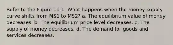 Refer to the Figure 11-1. What happens when the money supply curve shifts from MS1 to MS2? a. The equilibrium value of money decreases. b. The equilibrium price level decreases. c. The supply of money decreases. d. The demand for goods and services decreases.