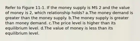 Refer to Figure 11-1. If the money supply is MS 2 and the value of money is 2, which relationship holds? a.The money demand is greater than the money supply. b.The money supply is greater than money demand. c.The price level is higher than its equilibrium level. d.The value of money is <a href='https://www.questionai.com/knowledge/k7BtlYpAMX-less-than' class='anchor-knowledge'>less than</a> its equilibrium level.