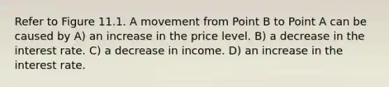 Refer to Figure 11.1. A movement from Point B to Point A can be caused by A) an increase in the price level. B) a decrease in the interest rate. C) a decrease in income. D) an increase in the interest rate.