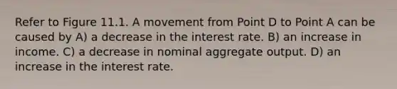 Refer to Figure 11.1. A movement from Point D to Point A can be caused by A) a decrease in the interest rate. B) an increase in income. C) a decrease in nominal aggregate output. D) an increase in the interest rate.