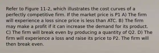 Refer to Figure 11-2, which illustrates the cost curves of a perfectly competitive firm. If the market price is P1 A) The firm will experience a loss since price is less than ATC. B) The firm may make a profit if it can increase the demand for its product. C) The firm will break even by producing a quantity of Q2. D) The firm will experience a loss and raise its price to P2. The firm will then break even.