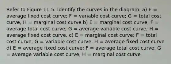 Refer to Figure 11-5. Identify the curves in the diagram. a) E = average fixed cost curve; F = variable cost curve; G = total cost curve, H = marginal cost curve b) E = marginal cost curve; F = average total cost curve; G = average variable cost curve; H = average fixed cost curve. c) E = marginal cost curve; F = total cost curve; G = variable cost curve, H = average fixed cost curve d) E = average fixed cost curve; F = average total cost curve; G = average variable cost curve, H = marginal cost curve