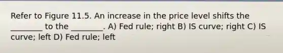 Refer to Figure 11.5. An increase in the price level shifts the ________ to the ________. A) Fed rule; right B) IS curve; right C) IS curve; left D) Fed rule; left