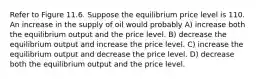 Refer to Figure 11.6. Suppose the equilibrium price level is 110. An increase in the supply of oil would probably A) increase both the equilibrium output and the price level. B) decrease the equilibrium output and increase the price level. C) increase the equilibrium output and decrease the price level. D) decrease both the equilibrium output and the price level.