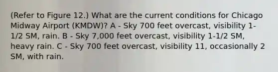 (Refer to Figure 12.) What are the current conditions for Chicago Midway Airport (KMDW)? A - Sky 700 feet overcast, visibility 1-1/2 SM, rain. B - Sky 7,000 feet overcast, visibility 1-1/2 SM, heavy rain. C - Sky 700 feet overcast, visibility 11, occasionally 2 SM, with rain.