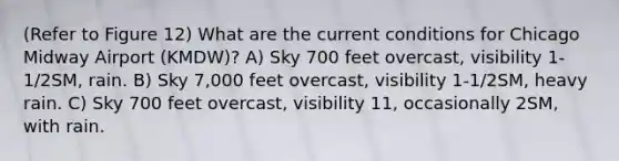 (Refer to Figure 12) What are the current conditions for Chicago Midway Airport (KMDW)? A) Sky 700 feet overcast, visibility 1-1/2SM, rain. B) Sky 7,000 feet overcast, visibility 1-1/2SM, heavy rain. C) Sky 700 feet overcast, visibility 11, occasionally 2SM, with rain.