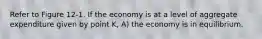 Refer to Figure 12-1. If the economy is at a level of aggregate expenditure given by point K, A) the economy is in equilibrium.