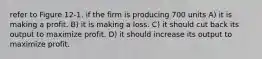 refer to Figure 12-1. if the firm is producing 700 units A) it is making a profit. B) it is making a loss. C) it should cut back its output to maximize profit. D) it should increase its output to maximize profit.