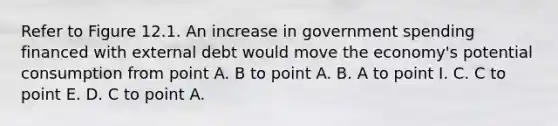 Refer to Figure 12.1. An increase in government spending financed with external debt would move the economy's potential consumption from point A. B to point A. B. A to point I. C. C to point E. D. C to point A.