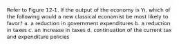 Refer to Figure 12-1. If the output of the economy is Yı, which of the following would a new classical economist be most likely to favor? a. a reduction in government expenditures b. a reduction in taxes c. an increase in taxes d. continuation of the current tax and expenditure policies